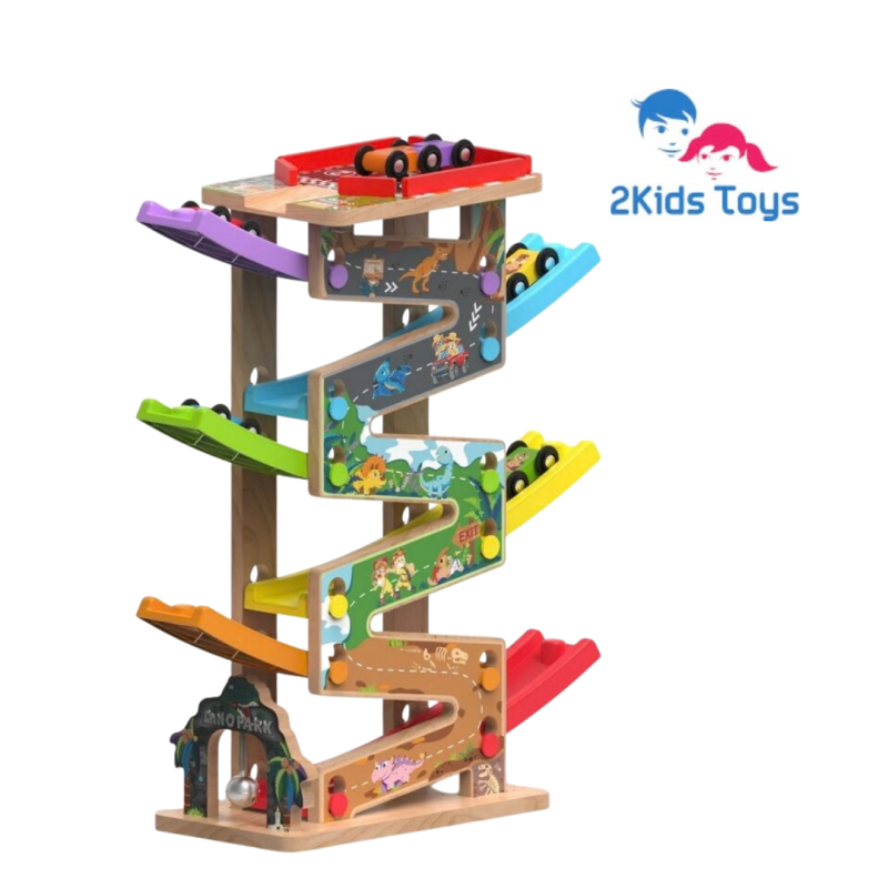 2Kids Toys Дървена писта с 6 рампи и колички